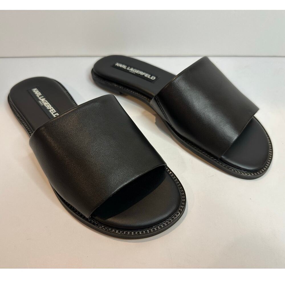 Karl Lagerfeld Paris Gloria Leather Slides Black Size 6M NWT Minimalist Designer